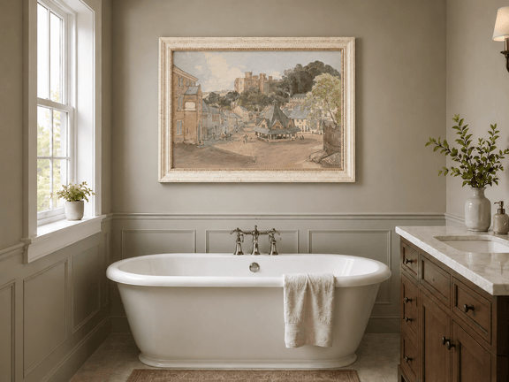 Hand-painted Historic Castle Village Market View landscape oil painting displayed as wall art in a styled interior