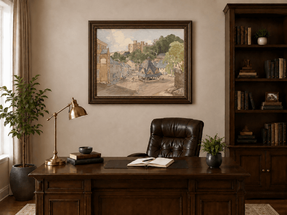Hand-painted Historic Castle Village Market View landscape oil painting displayed as wall art in a styled interior