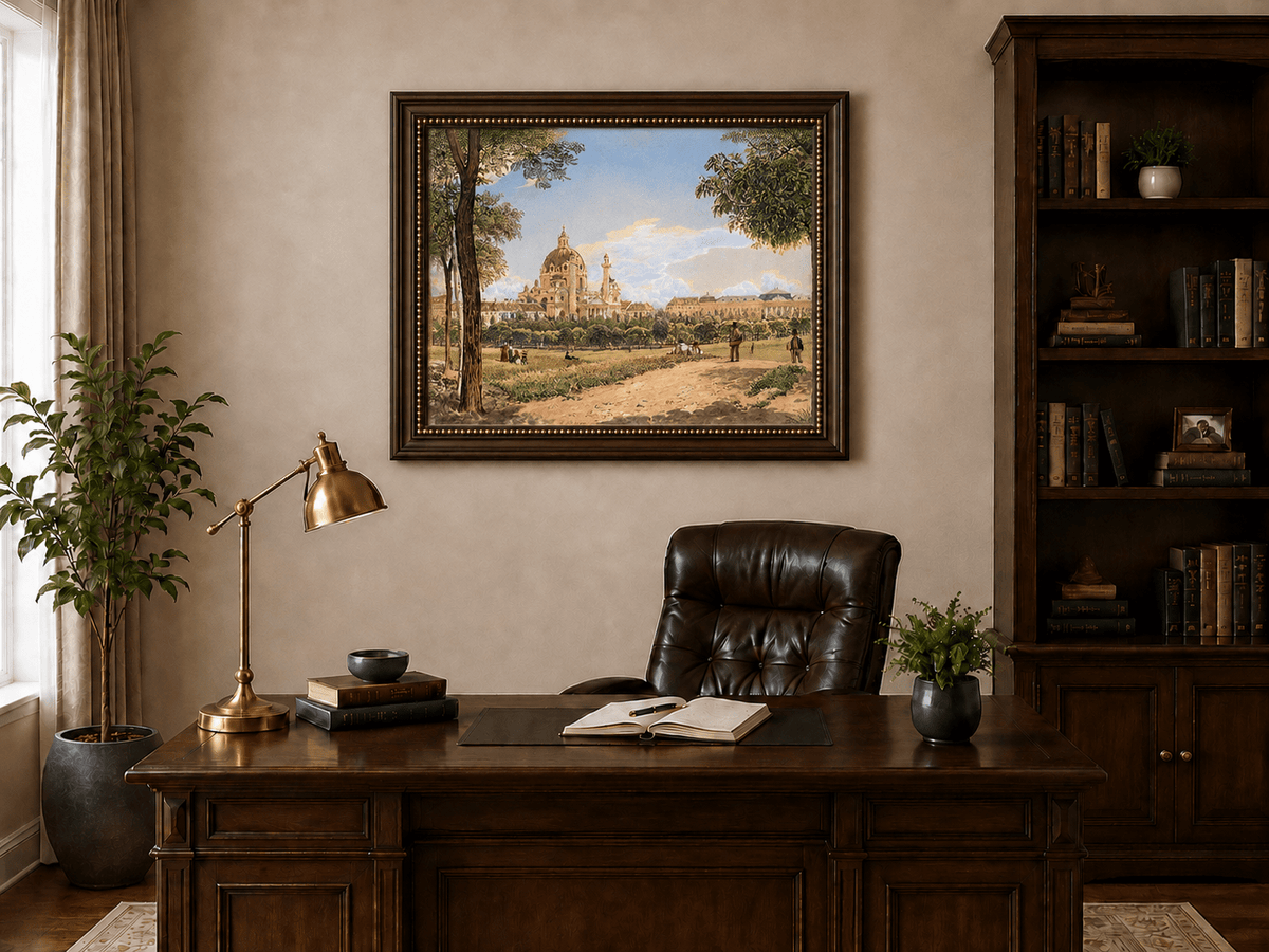Landscape Oil Painting - Historic Cathedral and Park Cityscape