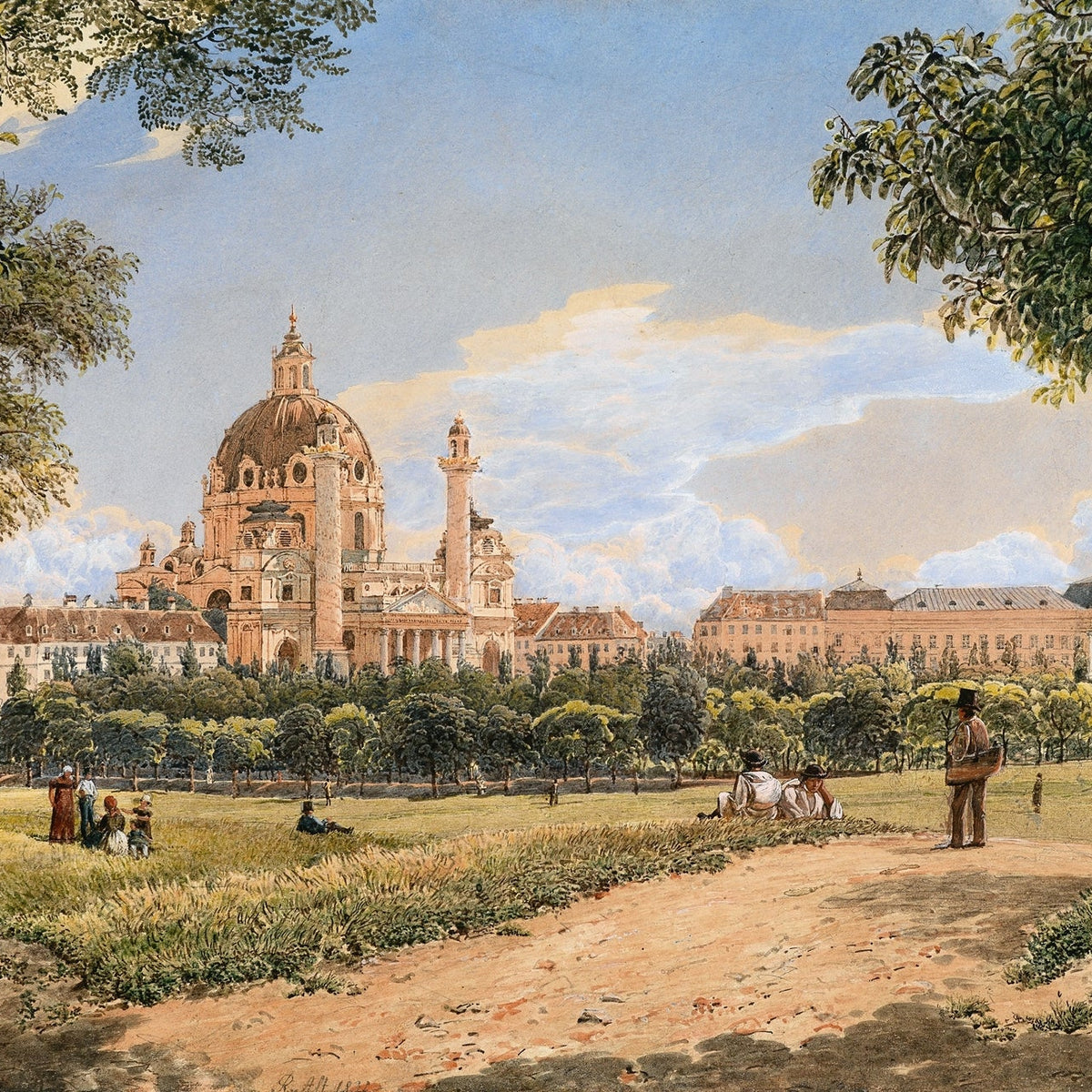 Hand-painted historic cathedral and park cityscape landscape oil painting on canvas