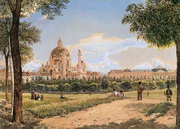 Hand-painted historic cathedral and park cityscape landscape oil painting on canvas