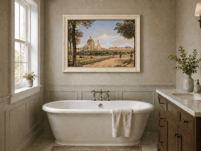 Landscape Oil Painting - Historic Cathedral and Park Cityscape