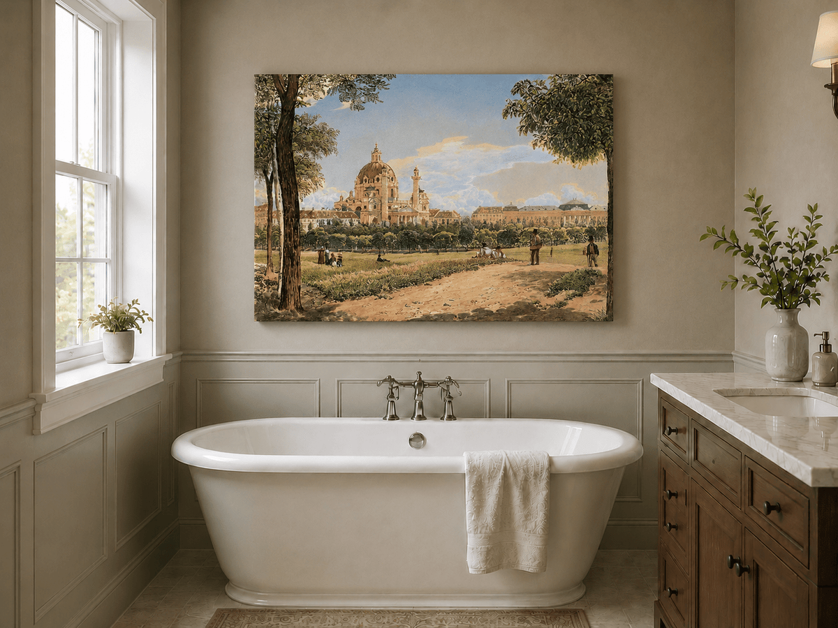Landscape Oil Painting - Historic Cathedral and Park Cityscape