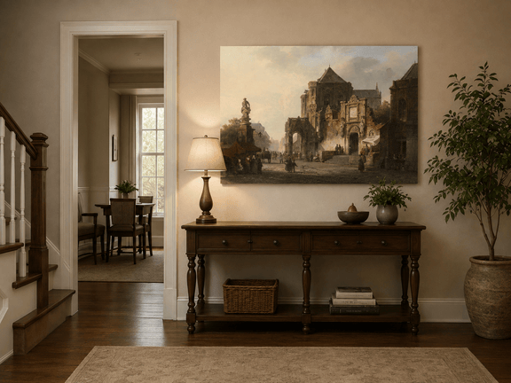 Historic European square with cathedral and figures landscape painting shown as decorative oil wall art.
