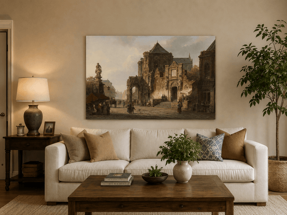 Historic European square with cathedral and figures hand-painted oil artwork displayed in a second interior view.
