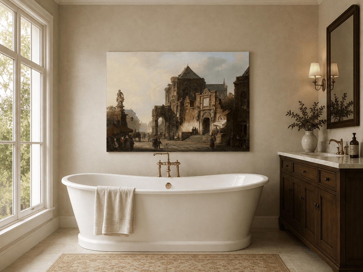 Historic European square with cathedral and figures landscape oil painting presented as styled home decor.