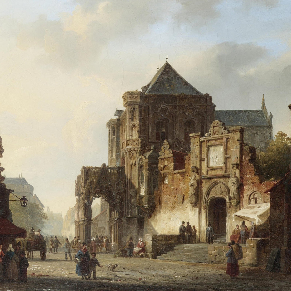 Hand-painted historic cathedral square with figures landscape oil painting on canvas
