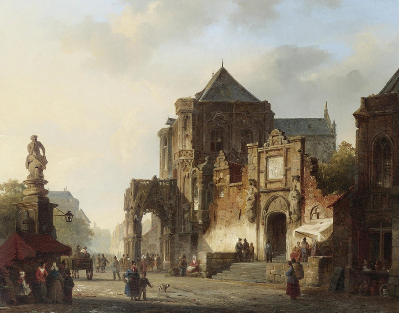 Hand-painted historic cathedral square with figures landscape oil painting on canvas