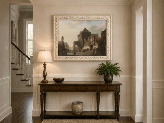 Historic European square with cathedral and figures hand-painted oil artwork shown as home wall decor.