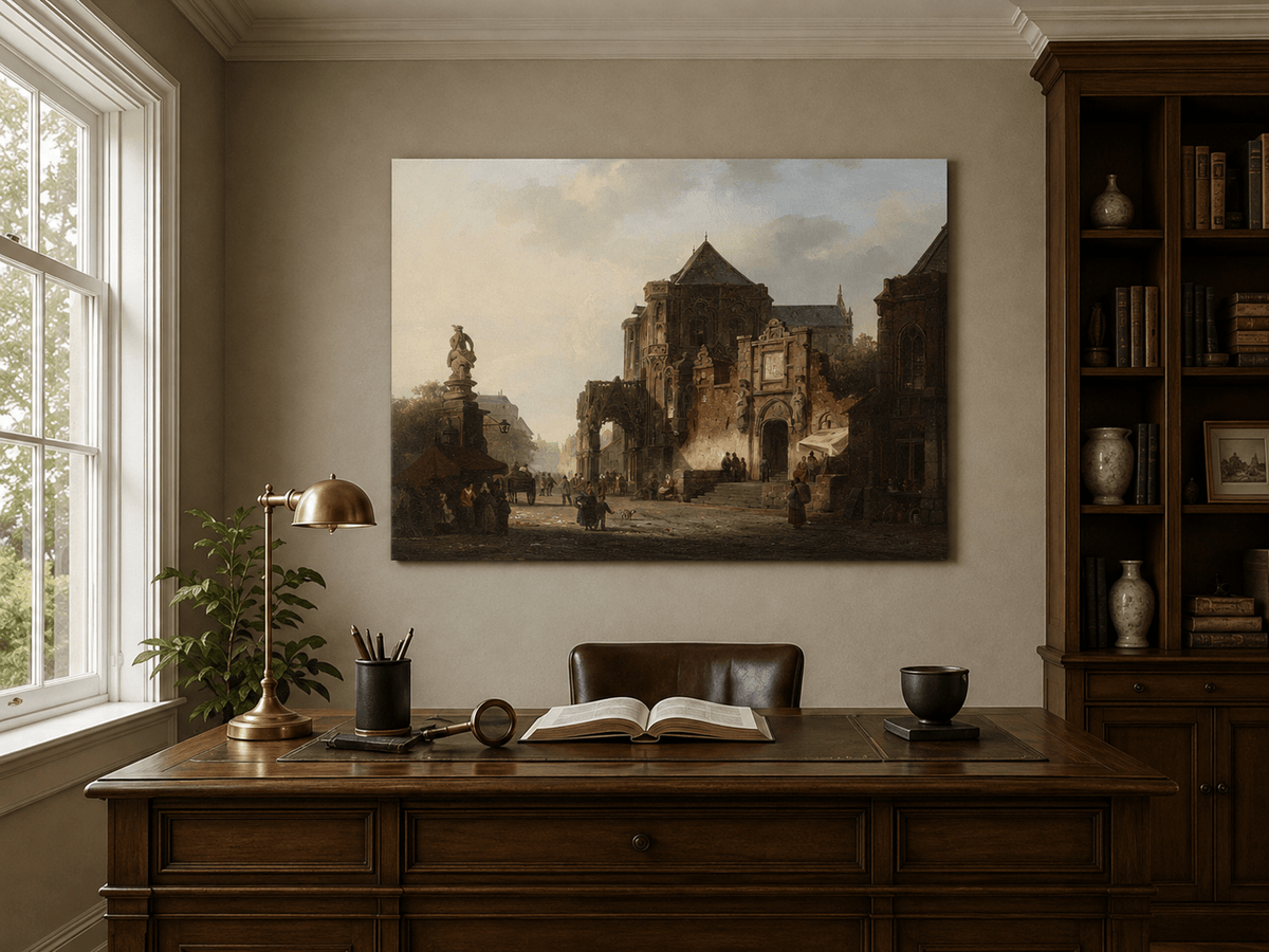 Interior wall art view featuring a historic European square and cathedral landscape oil painting.