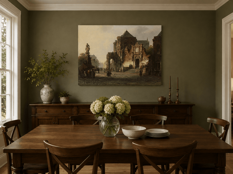Hand-painted historic European square with cathedral landscape artwork in an interior display.