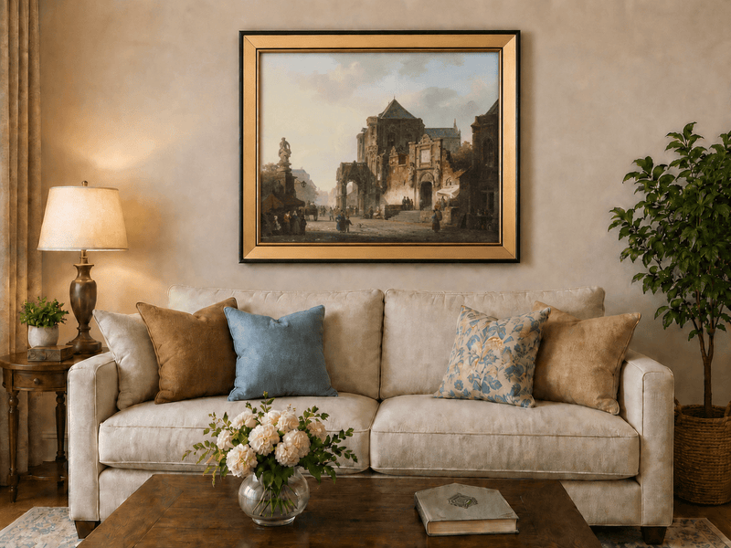 Historic European square with cathedral and figures landscape oil painting displayed in a styled home interior.
