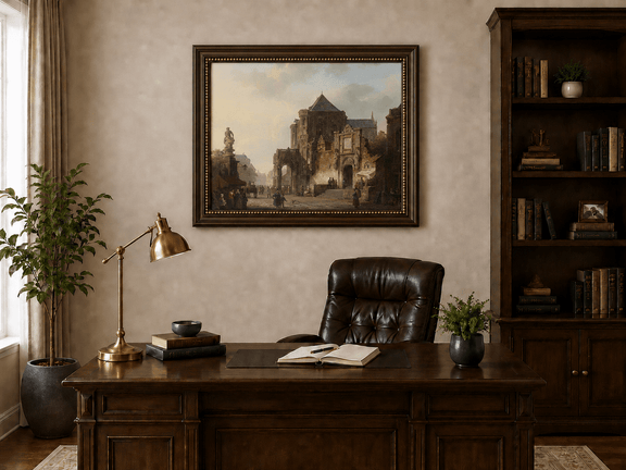 Historic European square with cathedral and figures landscape oil painting in an interior wall art mockup.