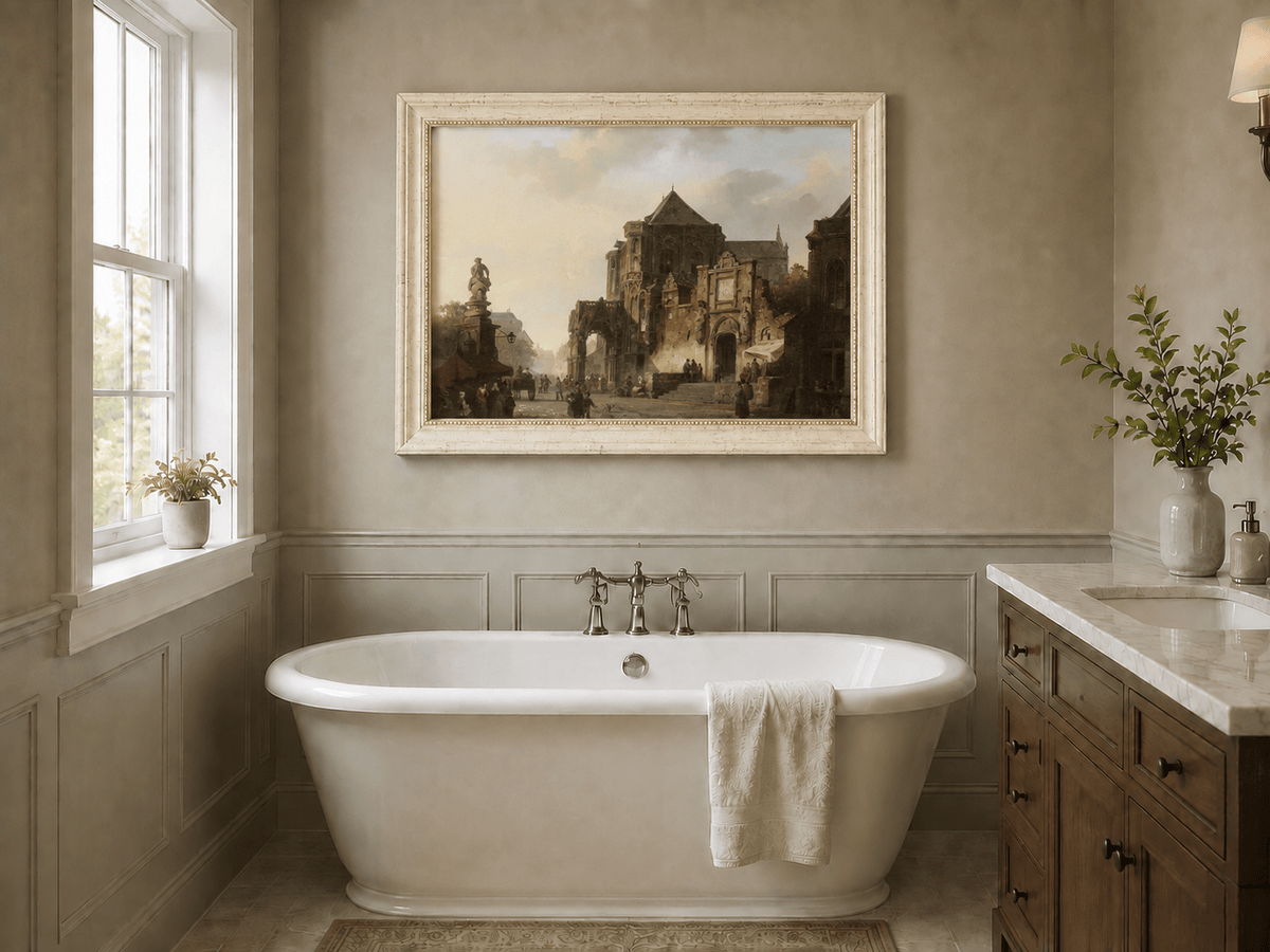Historic European square with cathedral and figures landscape oil painting presented as interior home decor.