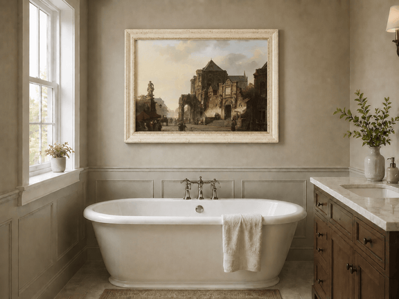 Historic European square with cathedral and figures landscape oil painting presented as interior home decor.