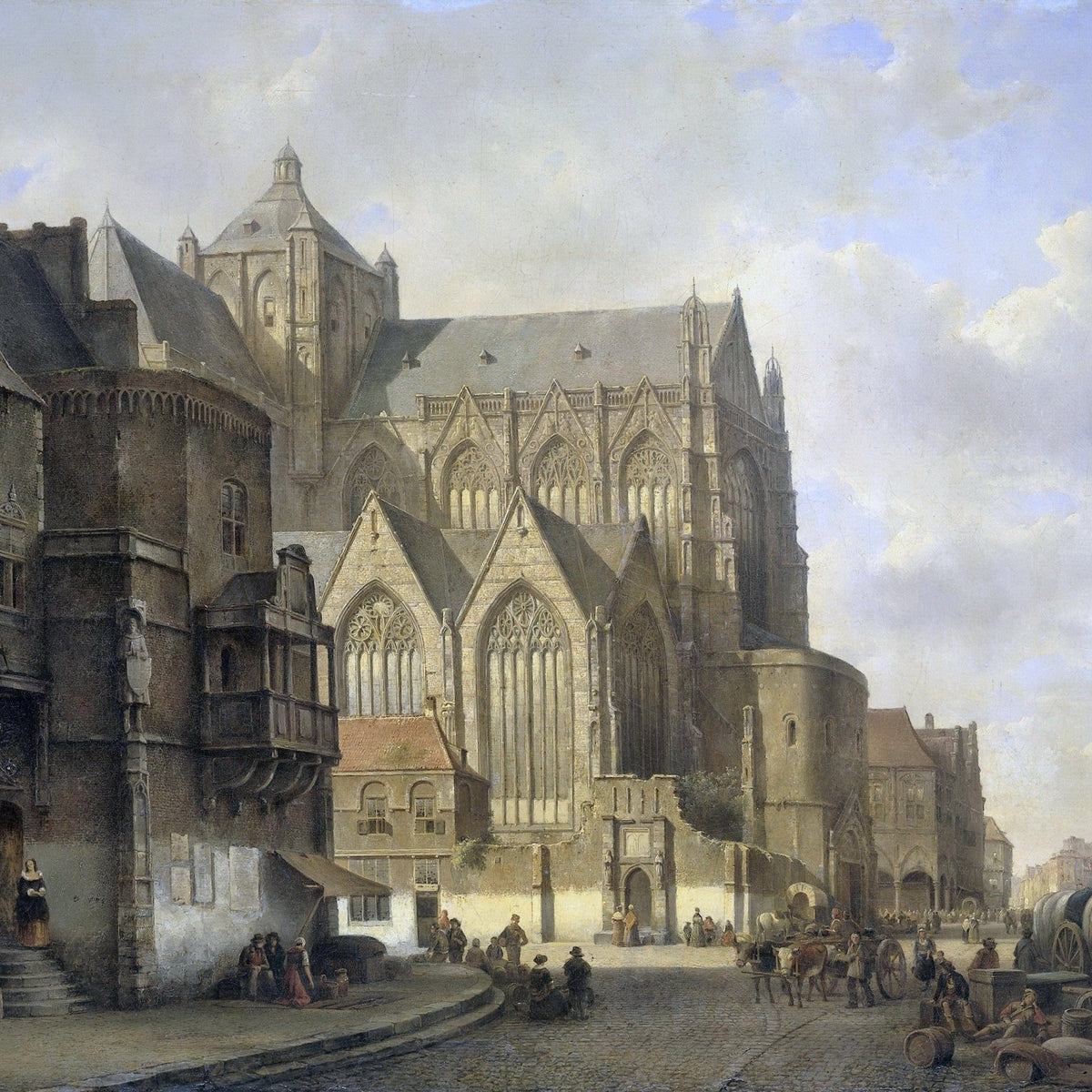 Hand-painted historic cathedral street scene landscape oil painting on canvas