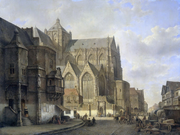 Hand-painted historic cathedral street scene landscape oil painting on canvas