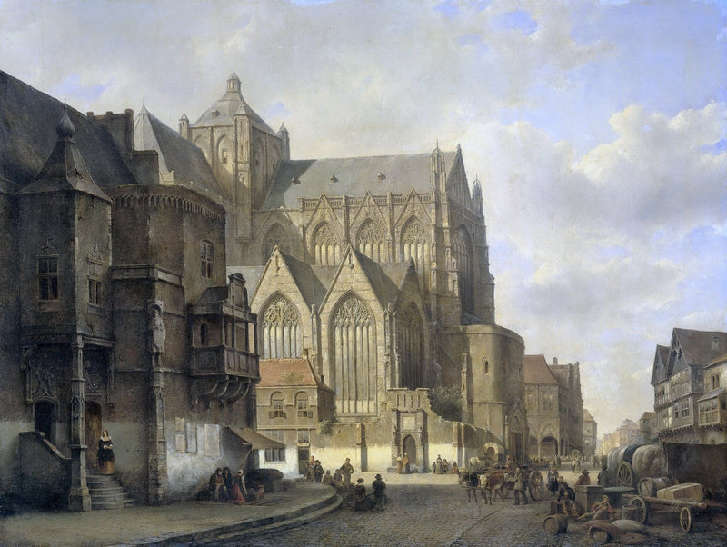 Hand-painted historic cathedral street scene landscape oil painting on canvas
