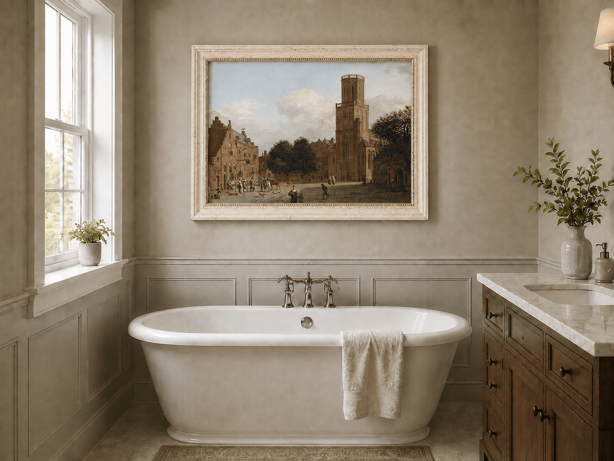 Landscape Oil Painting - Historic Church Square with Town Life