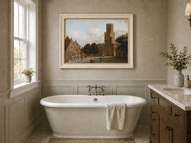 Landscape Oil Painting - Historic Church Square with Town Life