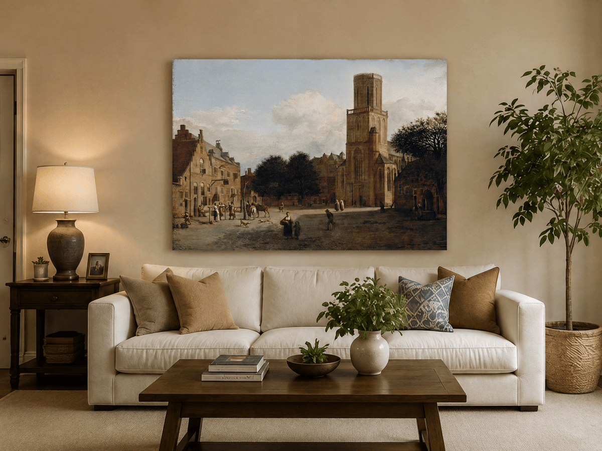 Landscape Oil Painting - Historic Church Square with Town Life