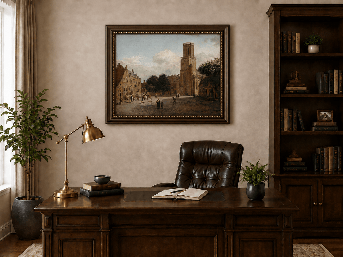 Landscape Oil Painting - Historic Church Square with Town Life