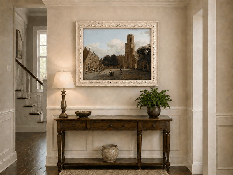 Landscape Oil Painting - Historic Church Square with Town Life