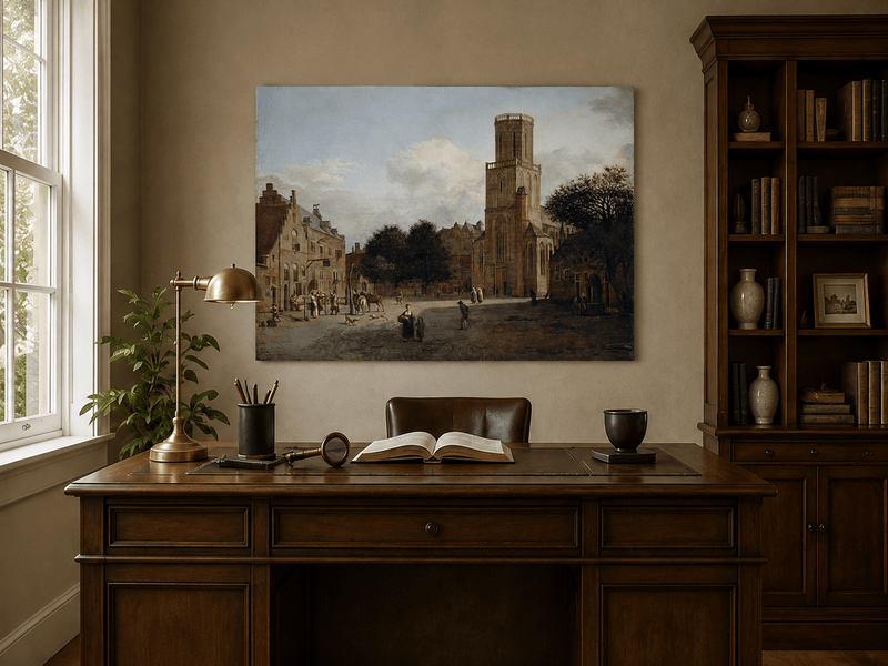 Landscape Oil Painting - Historic Church Square with Town Life