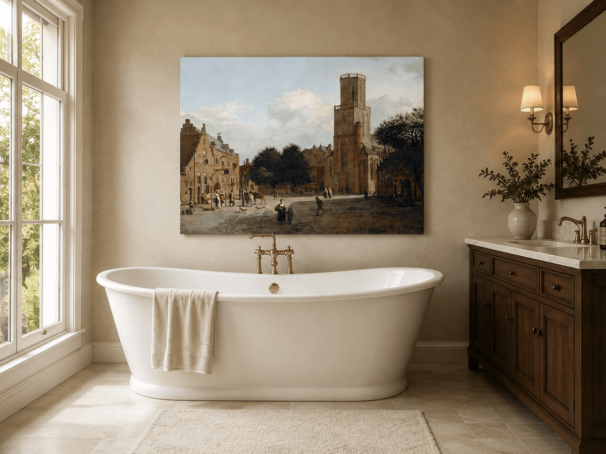 Landscape Oil Painting - Historic Church Square with Town Life