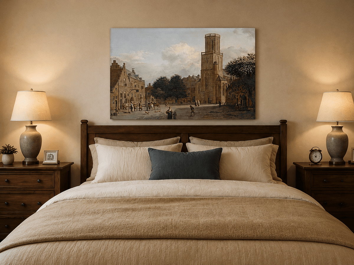 Landscape Oil Painting - Historic Church Square with Town Life