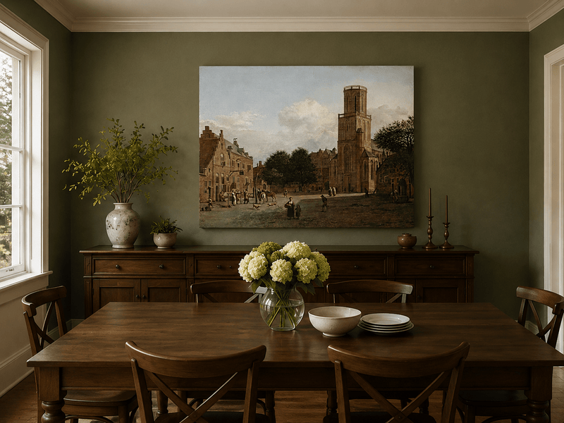 Landscape Oil Painting - Historic Church Square with Town Life