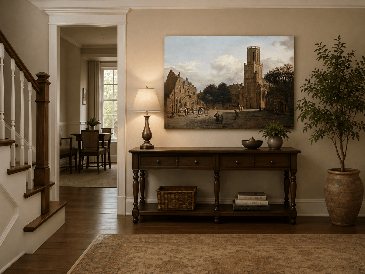 Landscape Oil Painting - Historic Church Square with Town Life