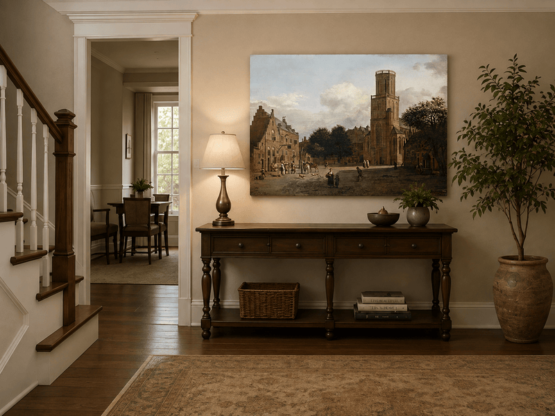 Landscape Oil Painting - Historic Church Square with Town Life