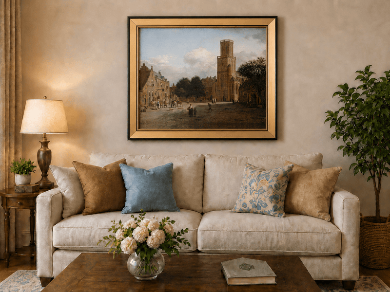 Landscape Oil Painting - Historic Church Square with Town Life