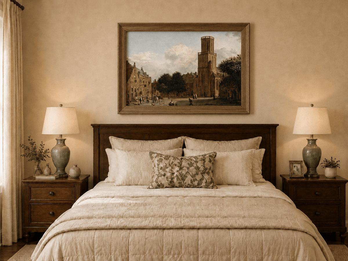 Landscape Oil Painting - Historic Church Square with Town Life