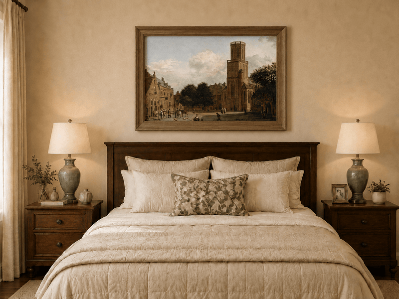Landscape Oil Painting - Historic Church Square with Town Life
