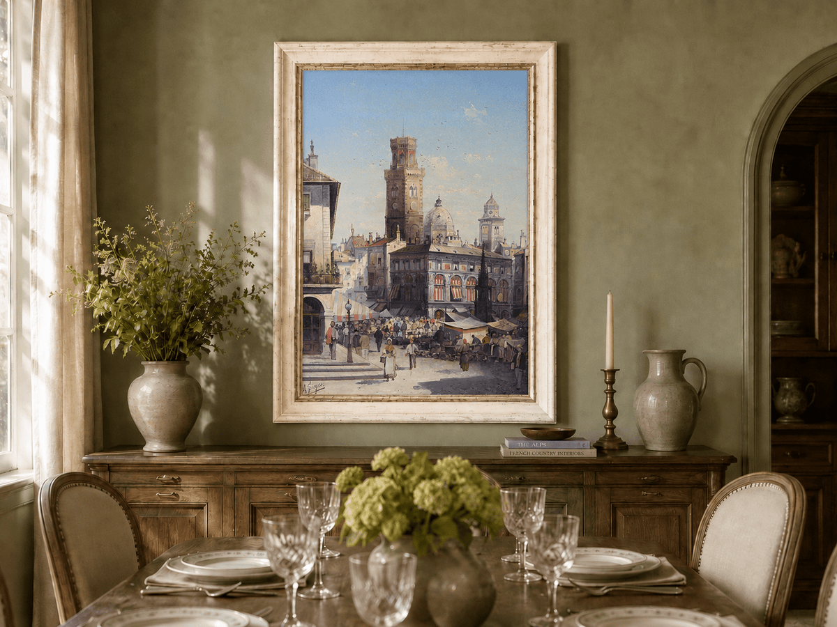 Landscape Oil Painting - Historic City Market with Bell Tower