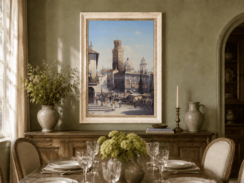 Landscape Oil Painting - Historic City Market with Bell Tower