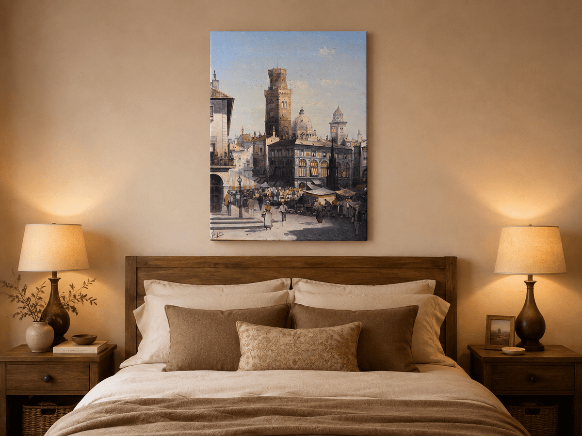 Landscape Oil Painting - Historic City Market with Bell Tower