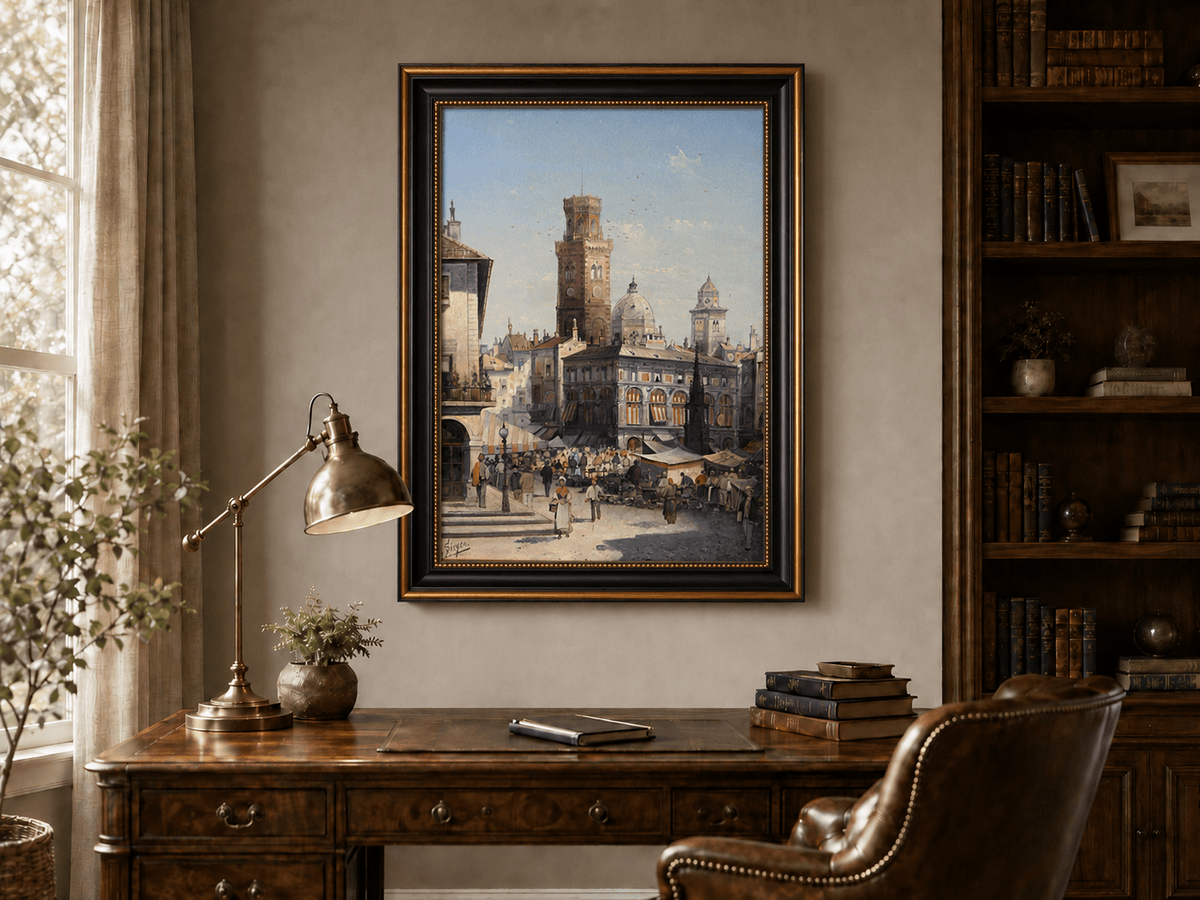Landscape Oil Painting - Historic City Market with Bell Tower