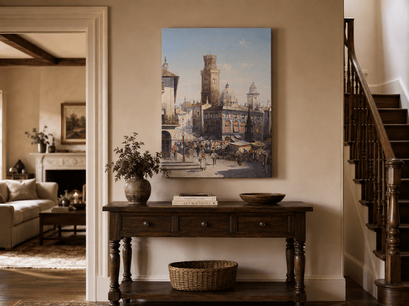 Landscape Oil Painting - Historic City Market with Bell Tower