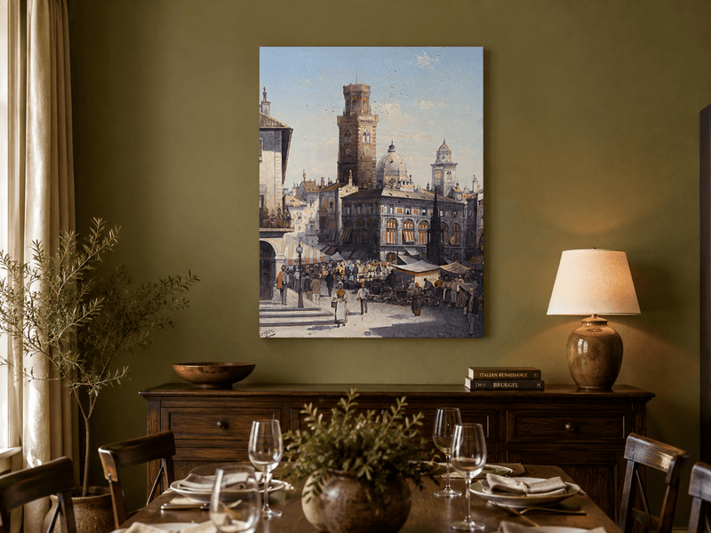 Landscape Oil Painting - Historic City Market with Bell Tower