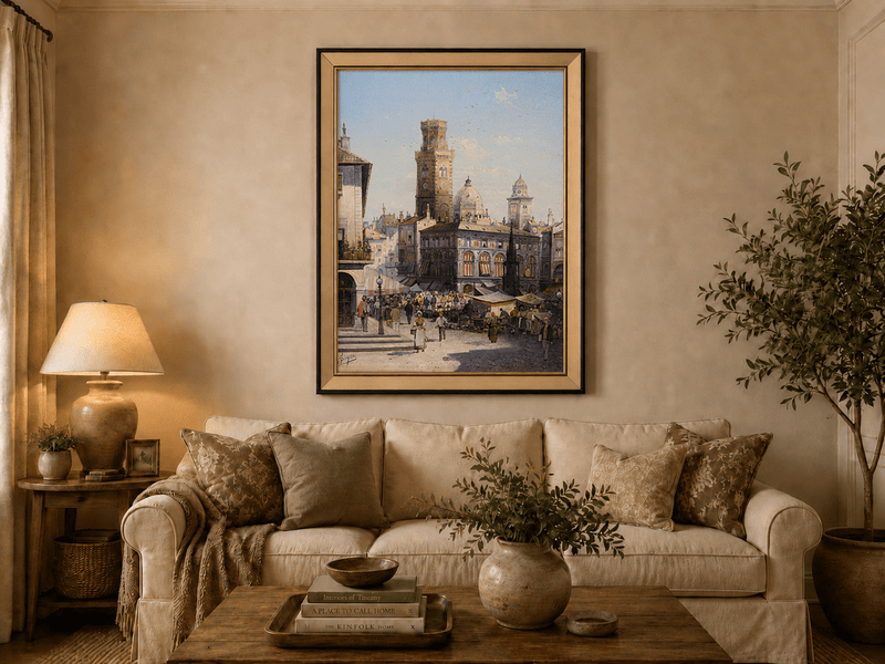Landscape Oil Painting - Historic City Market with Bell Tower