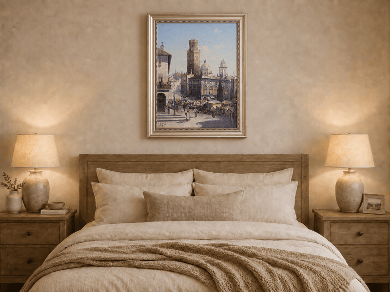 Landscape Oil Painting - Historic City Market with Bell Tower
