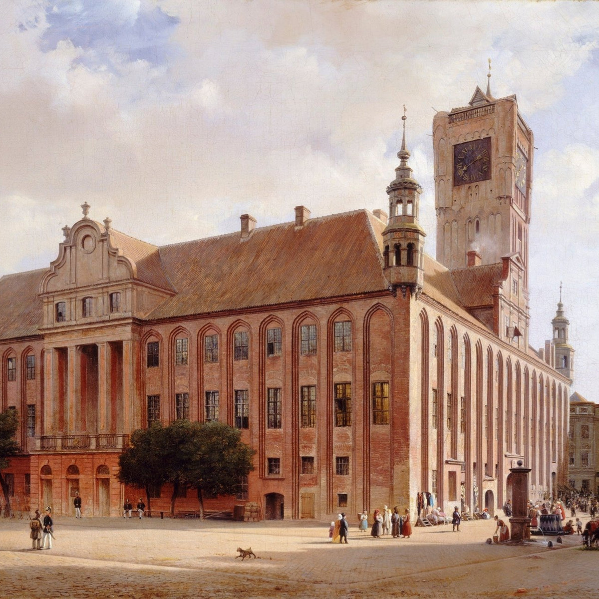 Hand-painted historic city square with clock tower landscape oil painting on canvas