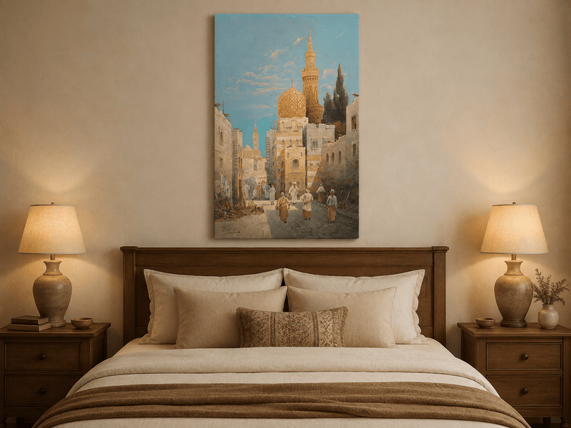 Landscape Oil Painting - Historic City Street Golden Minarets