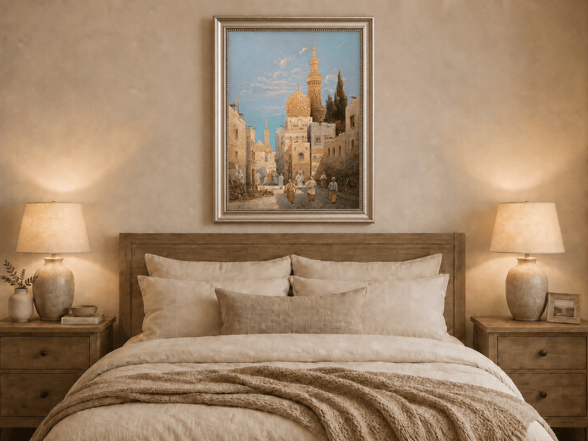 Landscape Oil Painting - Historic City Street Golden Minarets