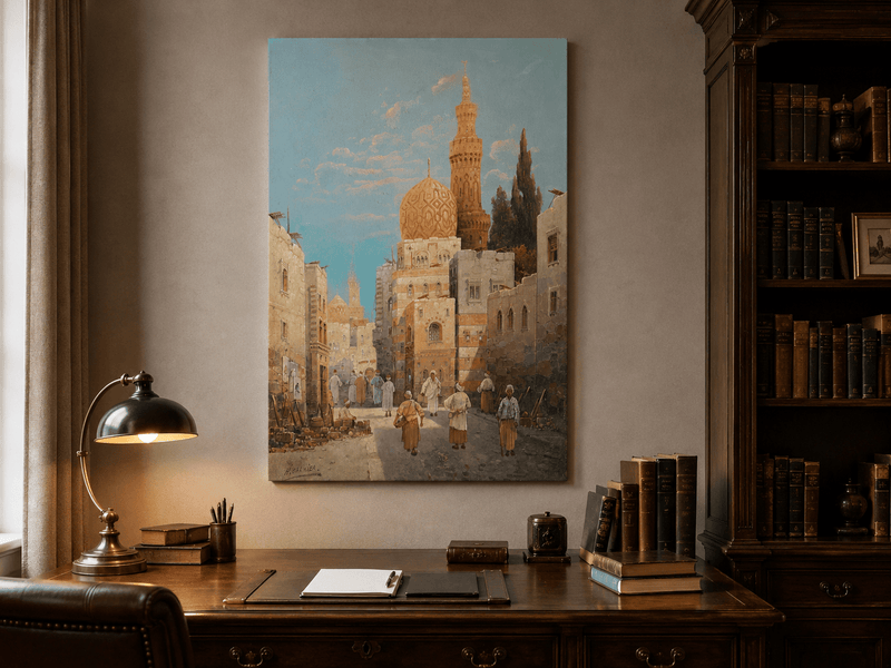 Landscape Oil Painting - Historic City Street Golden Minarets