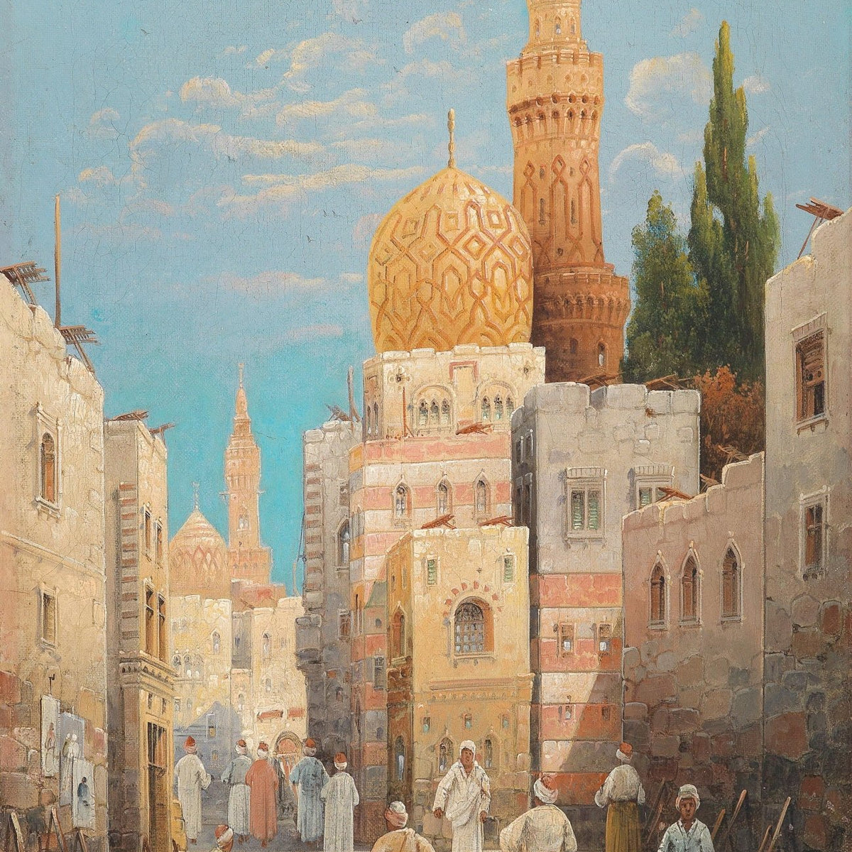 Hand-painted historic city street with golden minarets landscape oil painting on canvas