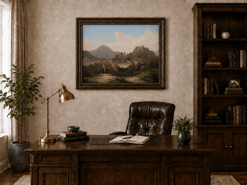 Peinture à l'huile de paysage - Paysage urbain historique et château au sommet d'une colline